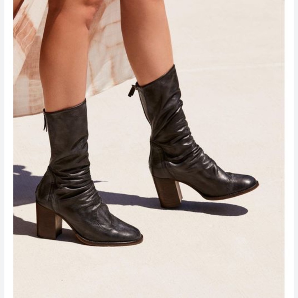 Free People Black Slouchy Leather Mid-Calf Block Heel Boots